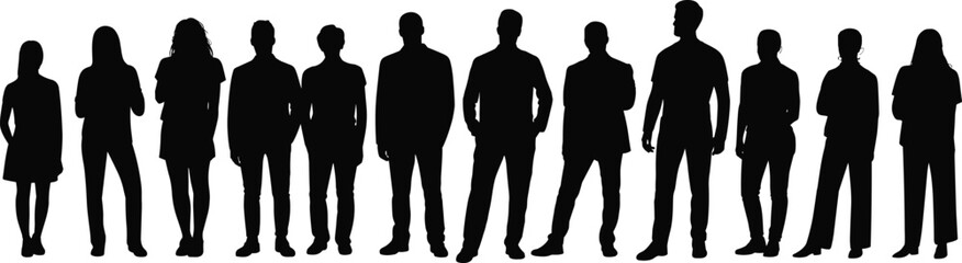 People Silhouette Group of Men and Women Standing Together in Various Casual and Professional Poses Isolated on White Background Community Team Concept