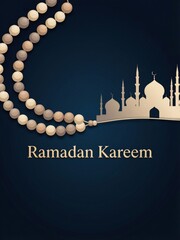 Ramadan kareem greeting with mosque and prayer beads