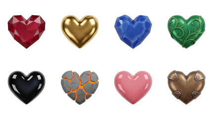 Heart set including ruby gemstone, gold, sapphire, green vine, black obsidian, cracked lava, pink plastic, and steampunk metal styles isolated. Gaming and interface asset collection.