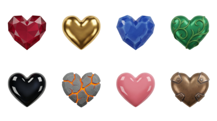 Heart set including ruby gemstone, gold, sapphire, green vine, black obsidian, cracked lava, pink plastic, and steampunk metal styles isolated. Gaming and interface asset collection.