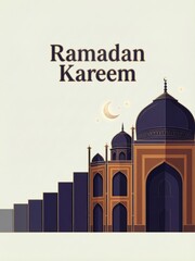 Ramadan kareem mosque greeting card with crescent moon