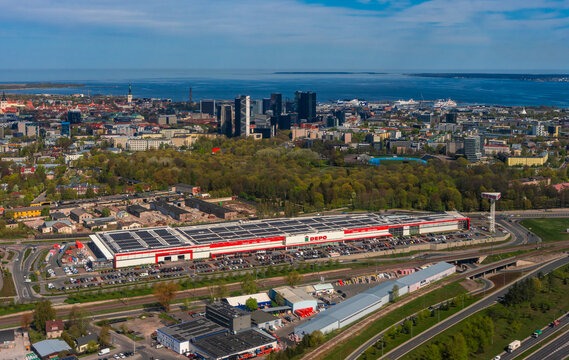 Tallinn, Estonia - 13.05.2025: DEPO store with Old Town and modern city skyline in the background.
