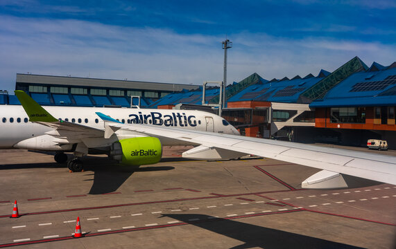 Tallinn, Estonia - 13.05.2025: AirBaltic airplane at Lennart Meri Tallinn Airport.