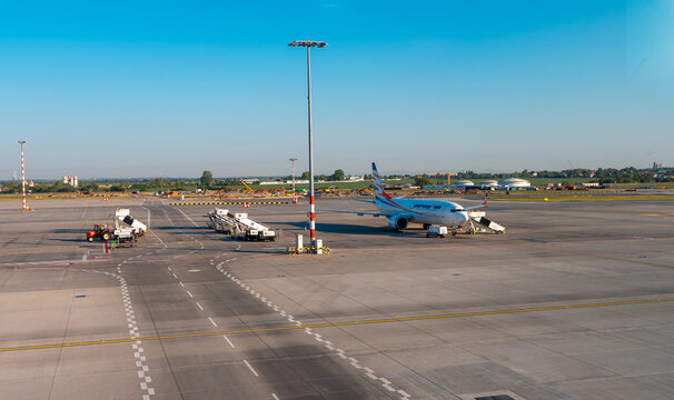 Prague, Czech Republic - 13.05.2025: Smartwings airplane on the runway at Vaclav Havel Airport.