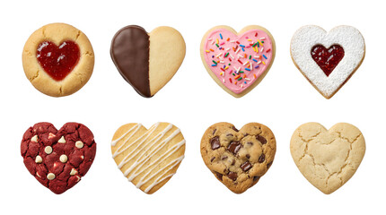 Fototapeta premium Heart shaped cookie set including jam filled, chocolate dipped, sprinkled, red velvet, and chocolate chip variants. Valentine's day bakery and sweet dessert collection.