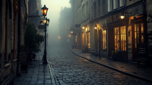 Cobblestone street with atmospheric lighting and vintage architecture - Powered by Adobe