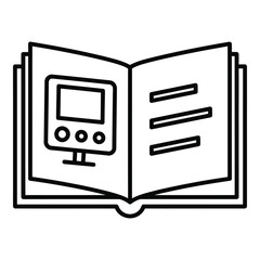 Vector icon a black line icon of an open book with a computer on the left page and text on the right page