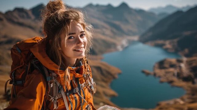Adventurous Girl Discovering a Lake, Smiling and Pointing on a Map