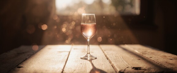 Glass of rosé wine on rustic wooden table with warm sunlight creating elegant shadows and bokeh background for wine tasting and dining concepts