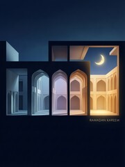 Ramadan kareem architectural night scene with crescent moon