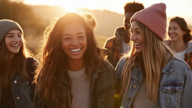 A diverse group of teenagers walking together outdoors, sharing a warm, supportive friendship vibe with open, positive body language, illuminated by soft golden-hour sunlight.