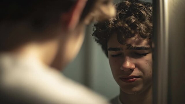 A teenage boy looking into a mirror, with his reflection appearing slightly darker and more serious, symbolizing inner conflict and growing emotional awareness.