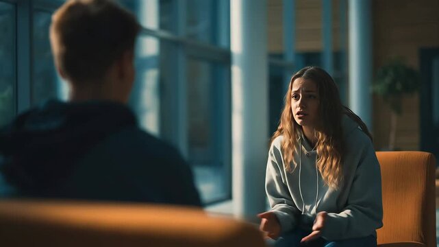 A teenager speaking with a counselor in a modern school setting, both positioned on the right side of the frame, lit with soft warm light and captured using a shallow depth of field.