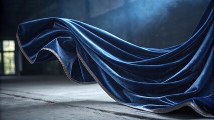 A flowing blue velvet fabric drapes elegantly in a moody atmospheric setting