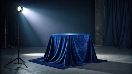 A spotlight illuminates a table covered in blue velvet in a dark studio