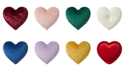 Velvet heart pillow set including red, pink, green, white, blue, purple, and yellow variants isolated. Decorative plush cushions for home decor and gifts.