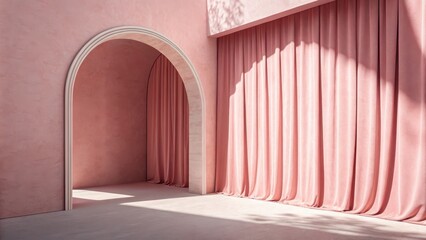 Elegant minimalist pink interior featuring an archway and soft draped curtains