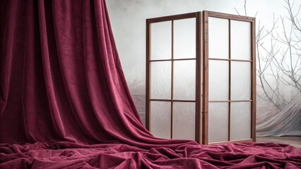 Elegant velvet drapes frame a frosted glass room divider with branches