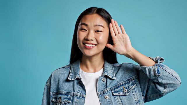 Positive young woman putting a hand to her ear to listen better to a secret or interesting gossip, smiling with curiosity while overhearing a private conversation on a blue background
