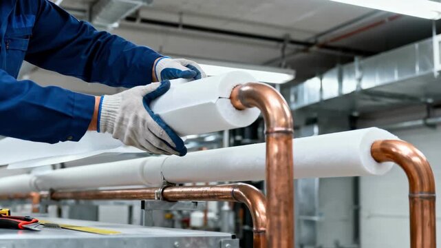 Medium shot of a technician fitting preformed insulation jackets around curved pipes in a commercial building for enhanced thermal protection.