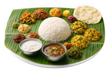 Traditional Indian thali meal on banana leaf