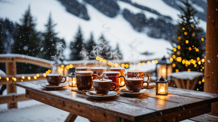 Cozy winter scene with steaming hot chocolate mugs on a wooden table in a snowy mountain resort.