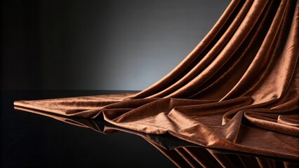 Luxurious brown velvet textile draped on a reflective surface for beauty backgrounds