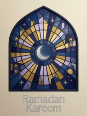 Ramadan kareem stained glass window with crescent moon and mosque silhouettes