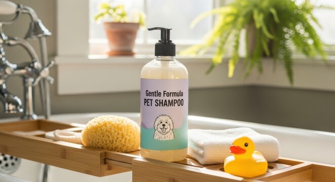 Bottle of gentle formula pet shampoo rests on a wooden bathtub caddy with bathing accessories.