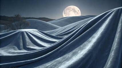 Majestic moon shines over draped velvet hills at night