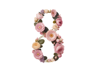 Number 8 formed by delicate pink and cream roses and greenery on a pale background isolated on a transparent background