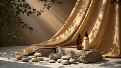 Serene display of cosmetic bottles on rocks with elegant velvet backdrop