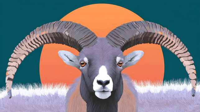 Illustration showing an argali head and its pronounced horns on teal background. Argali coloring includes warm buff, white highlights. Behind it, a circular ring of the sunset orange sun. Endangered.
