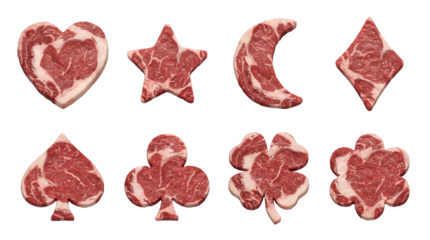 Raw beef ribeye steak set including heart star moon diamond spade club clover and flower shapes isolated. Marbled meat butcher art and creative culinary collection.