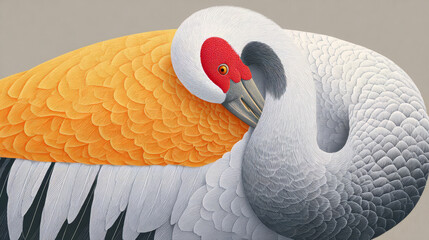 Fototapeta premium Minimal illustration on cream background: crane close up is preening its feathers, long neck curved. Plumage detailed via simple strokes. Red oval around eye. No habitat clutter. Endangered animals.