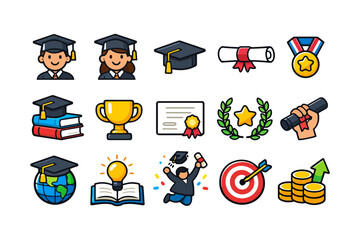 Graduation icons: male female students, caps, diplomas, trophies, books, medals.