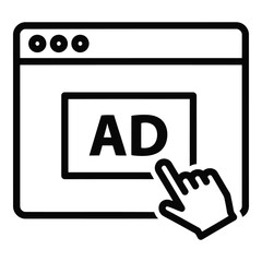 Vector icon a black line icon of a web browser window with a hand clicking on an ad