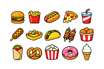 Colorful icons of popular fast food items including burger, fries, and pizza.