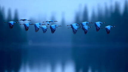 Flock of Siberian cranes takes flight from frozen marshland at dawn. Their synchronized wingbeats stirring frost crystals into sparkling clouds. Wildlife. Endangered animals.