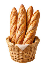 Freshly baked baguettes in a wicker basket