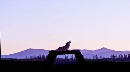 Red wolf is howling at twilight, its breath visible in the crisp autumn air. The haunting call echoes across misty marshes. Its coat glowing in the rays of the setting sun on the mountain background.