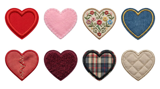 Heart fabric patches set including denim, embroidered floral, quilted, felt, and plaid textile styles isolated. Craft and valentine scrapbooking collection.