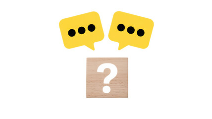 Two yellow speech bubbles with three dots each float above a wooden block displaying a white question mark on a solid black background creating a thou