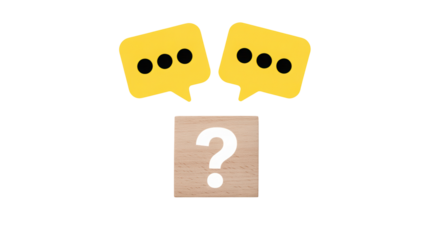 Two yellow speech bubbles with three dots each float above a wooden block displaying a white question mark on a solid black background creating a thou