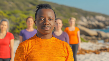 Smiling African male yoga teacher leading outdoor group yoga on sandy beach at sunset, vibrant sky in background. In the background, a blurred group of people repeat the movements of their trainer.