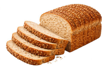 Sesame seed bread loaf sliced on white background