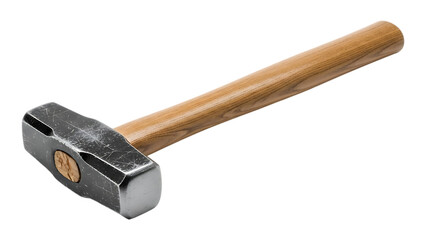 Well worn metal hammer head attached to a wooden handle isolated on a white background