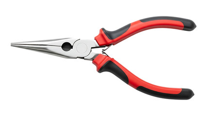 Precision needle nose pliers with red and black handles for gripping small objects