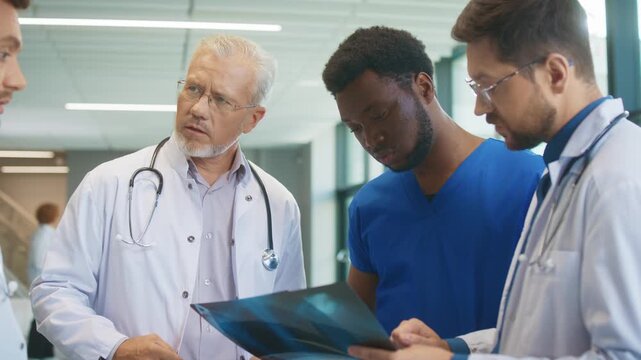 Doctors gathered around difficult X-ray. Team debating patient condition in bright hallway. Colleagues struggling agreeing on diagnosis while reviewing chest scan. Everyone talking.
