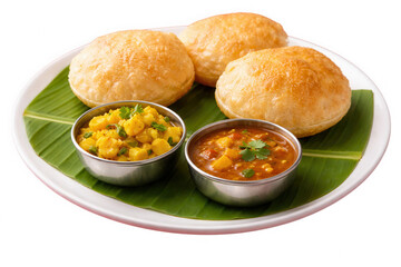 Traditional Indian street food plate with puri and two side dishes